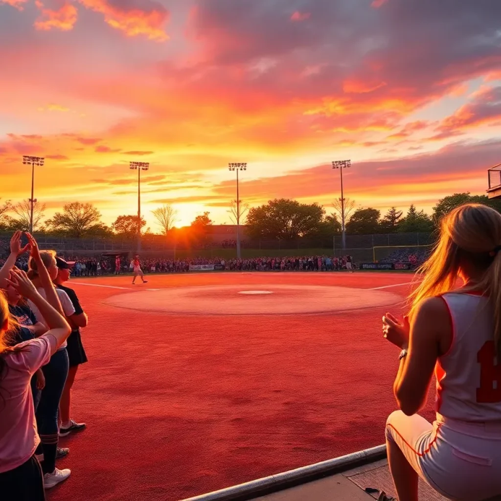 Excited crowd at a softball game celebrating a commitment announcement
