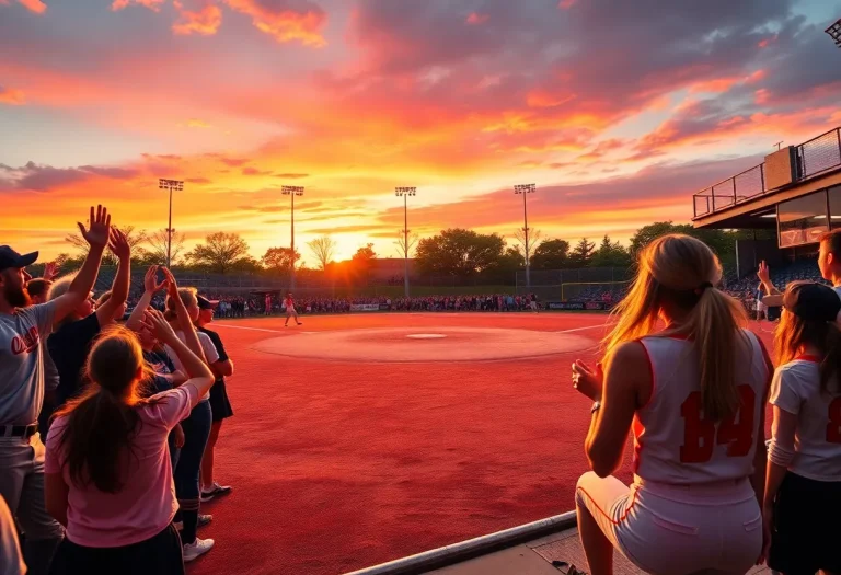 Excited crowd at a softball game celebrating a commitment announcement