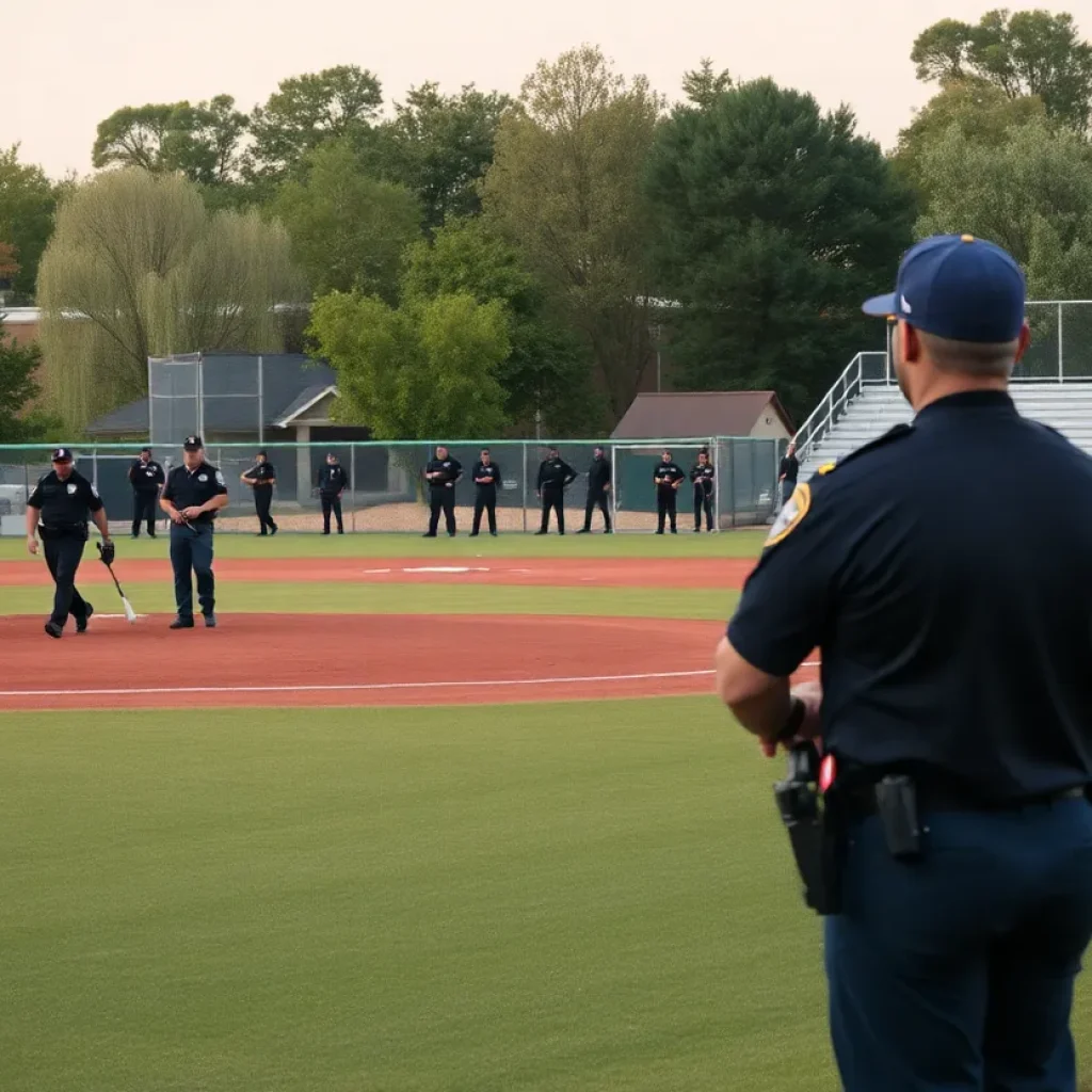 Cahokia baseball field with police presence