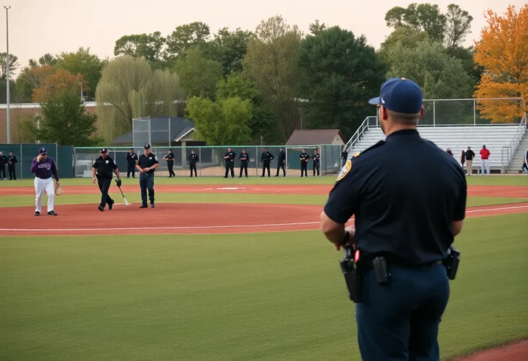 Cahokia baseball field with police presence