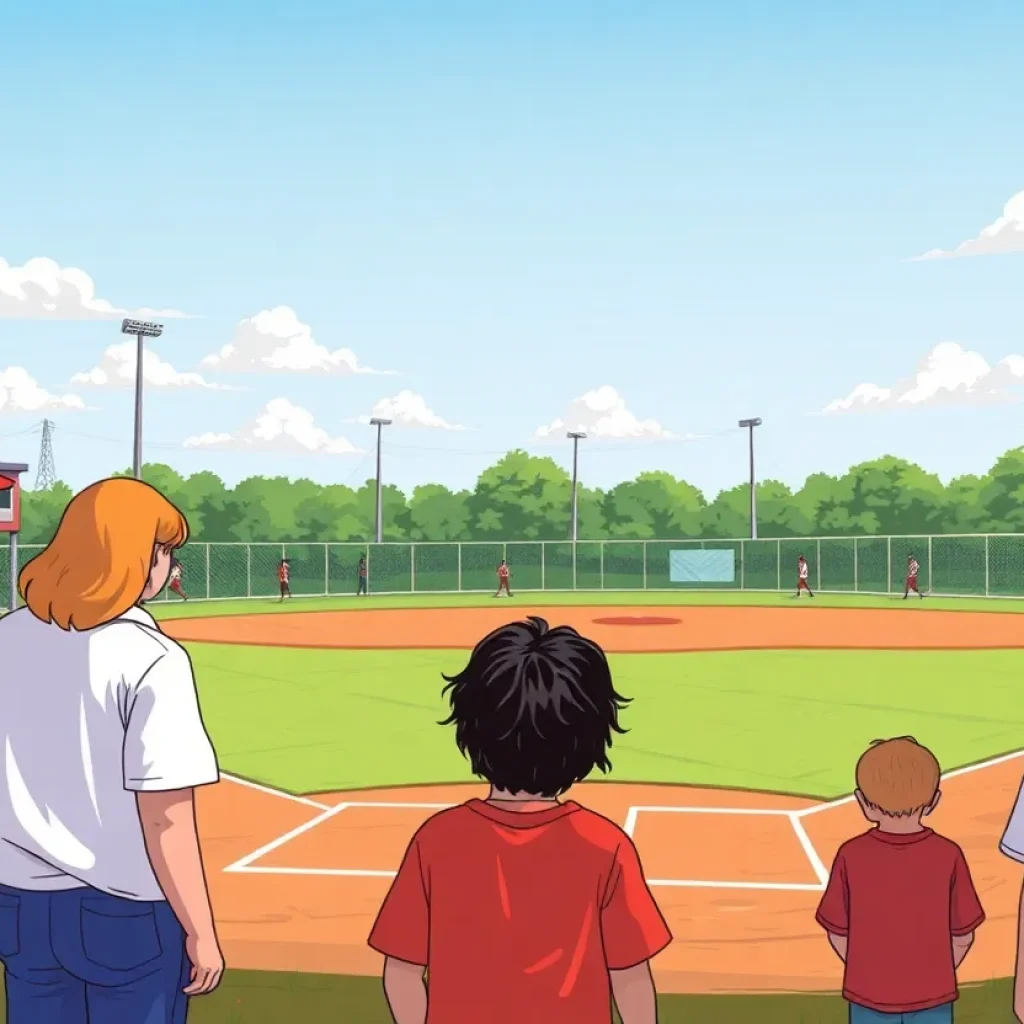 Illustration of a baseball field with families expressing concern