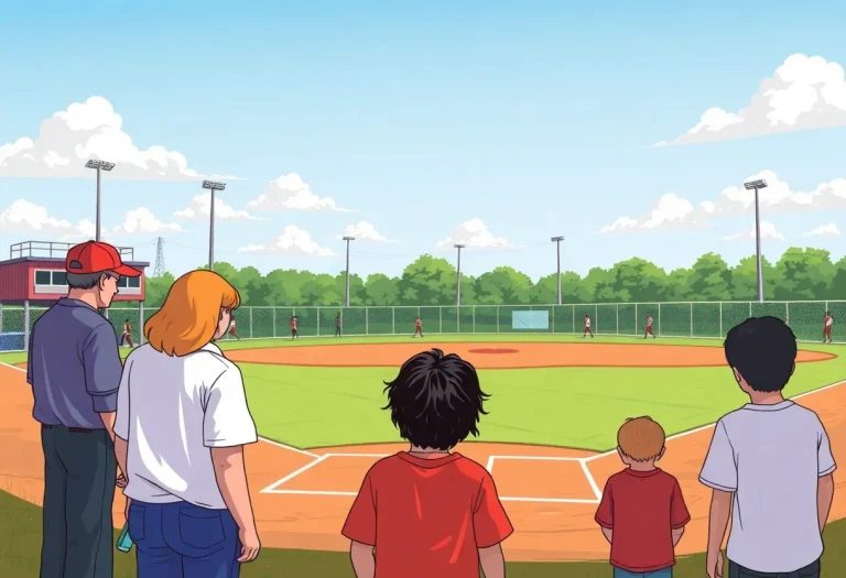 Illustration of a baseball field with families expressing concern
