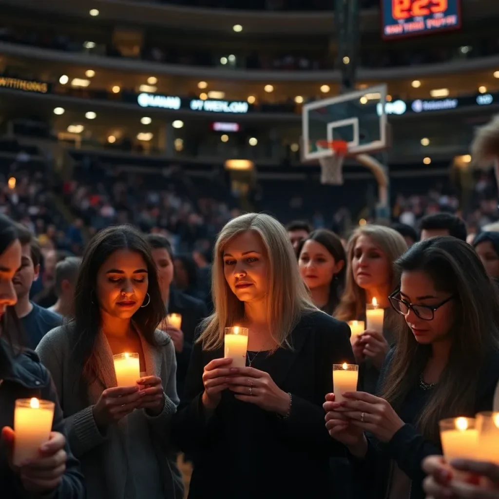 Community members gather for a candlelight vigil in remembrance of a young athlete.