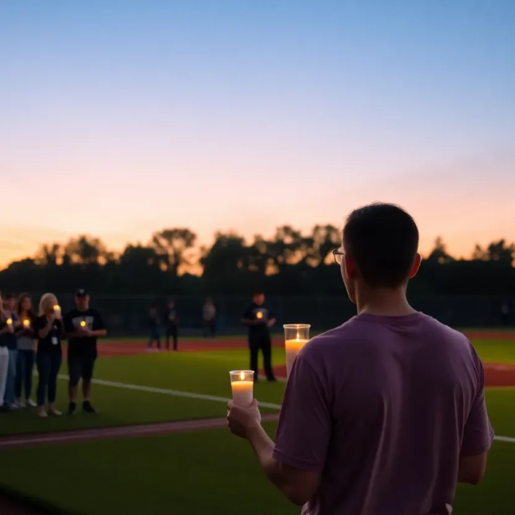 Community members holding candles at a vigil for a young athlete