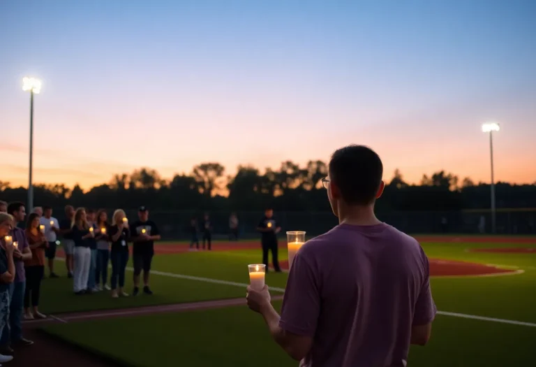 Community members holding candles at a vigil for a young athlete