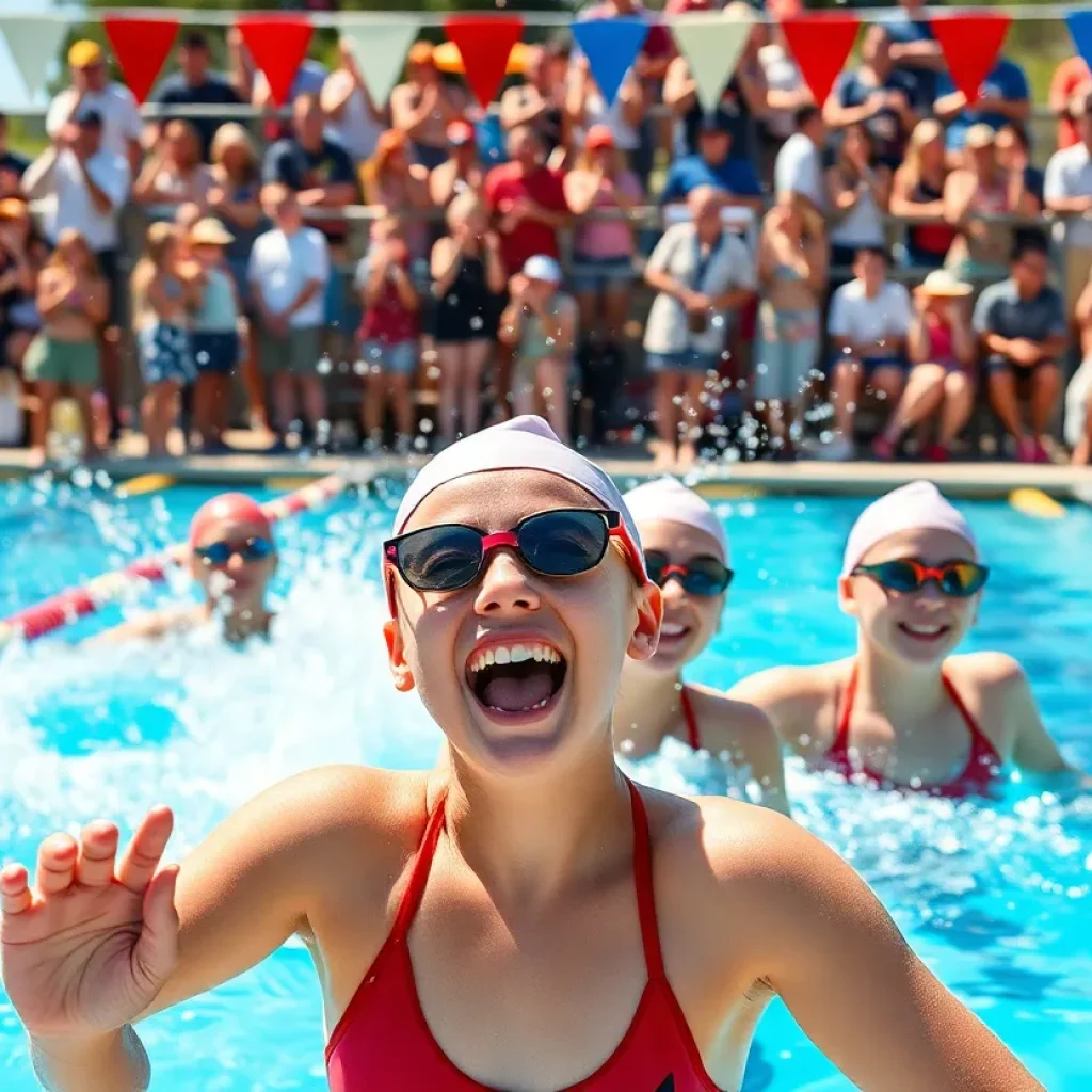 Girls swim team celebrating a victory at the pool