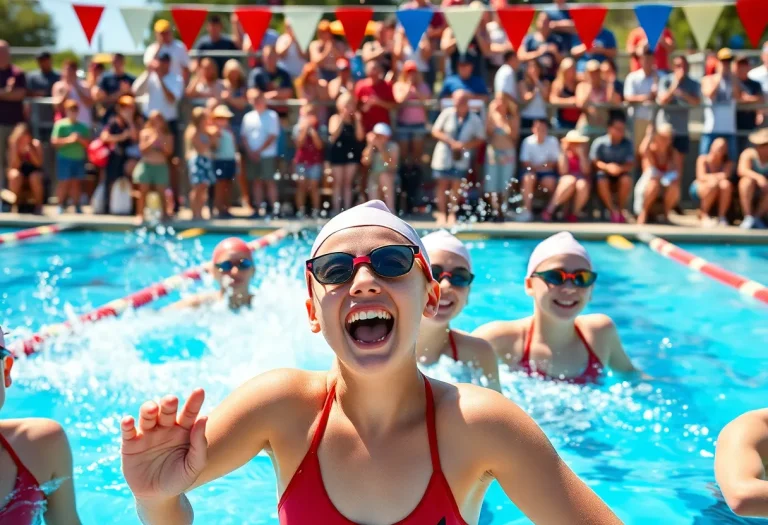 Girls swim team celebrating a victory at the pool