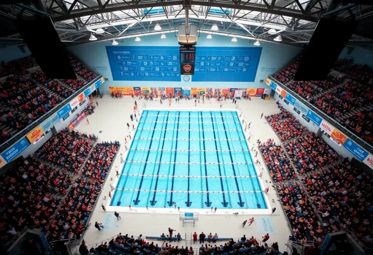 Spectators and swimmers at the Carmel natatorium during the World Aquatics Swimming World Cup.