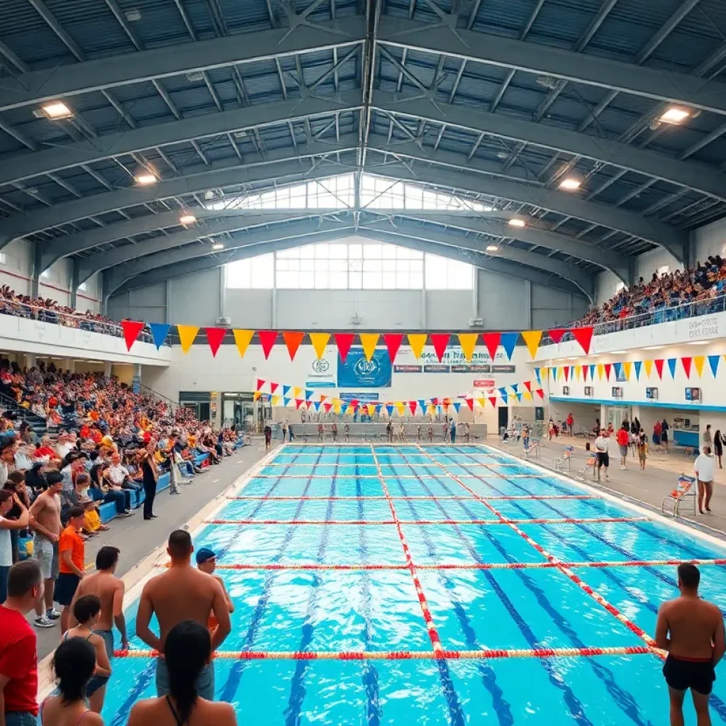 Fans at Carmel Swim World Cup cheering on swimmers in an Olympic-size pool.