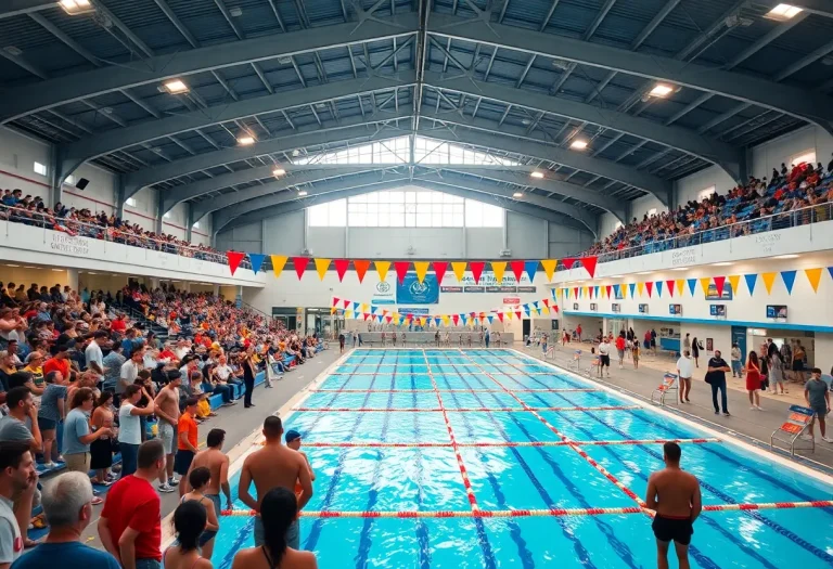 Fans at Carmel Swim World Cup cheering on swimmers in an Olympic-size pool.