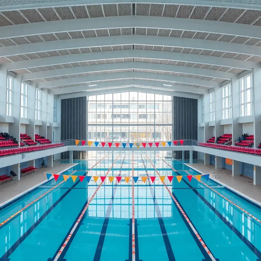 Interior view of Cedar Falls Community Natatorium with two pools.