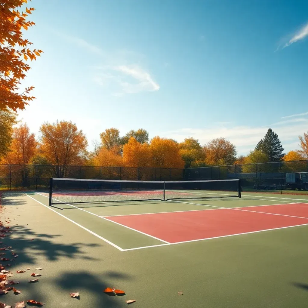 Tennis court surrounded by autumn leaves