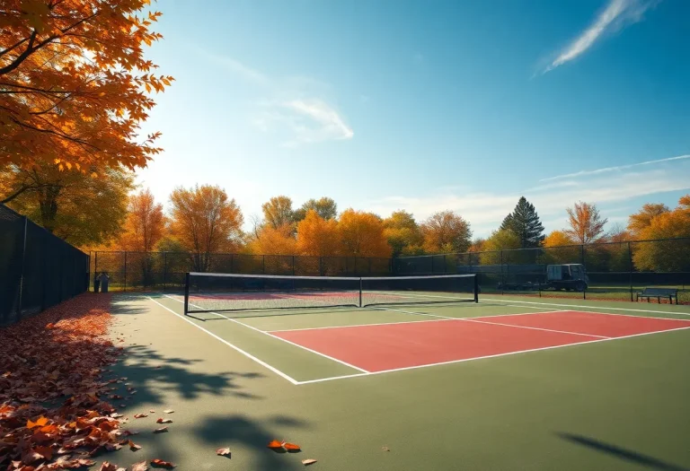 Tennis court surrounded by autumn leaves