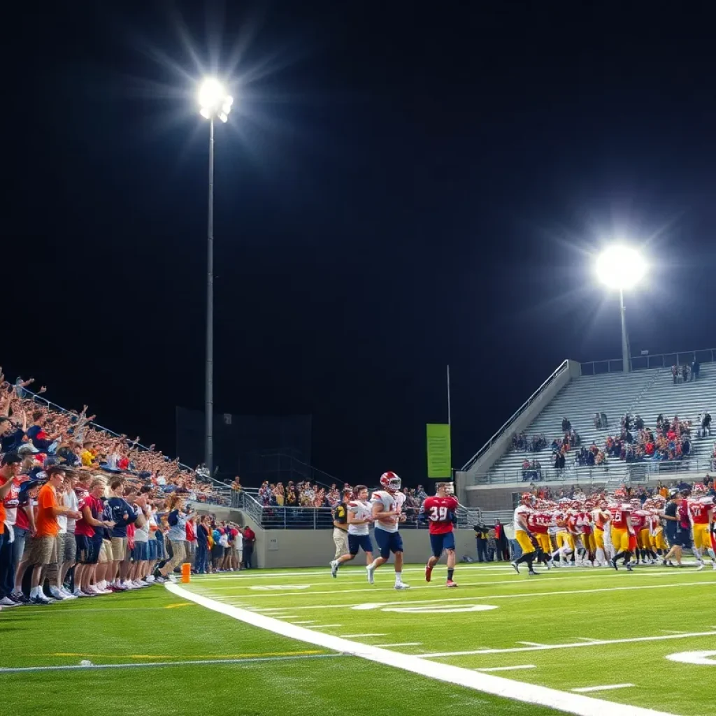 High school football game in Central Iowa with cheering fans and players