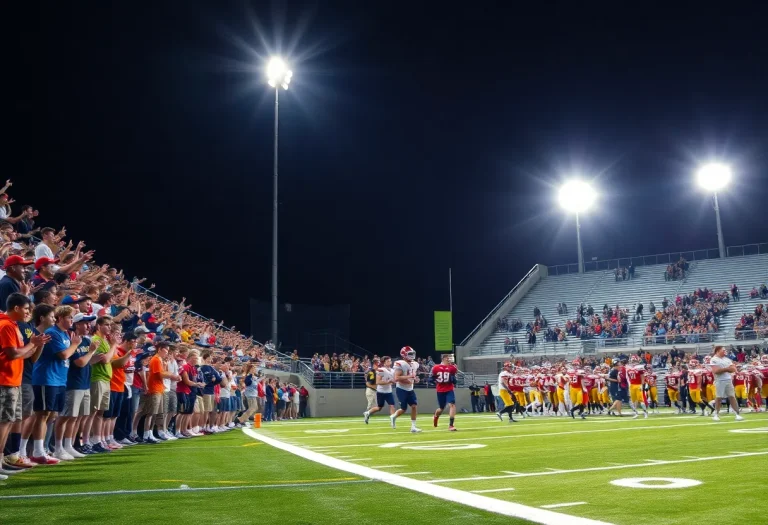 High school football game in Central Iowa with cheering fans and players
