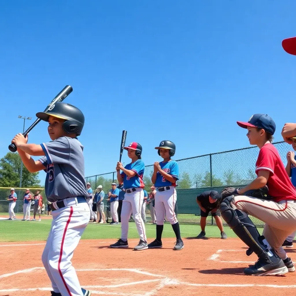 Young athletes participating in baseball training drills during a scout day event.