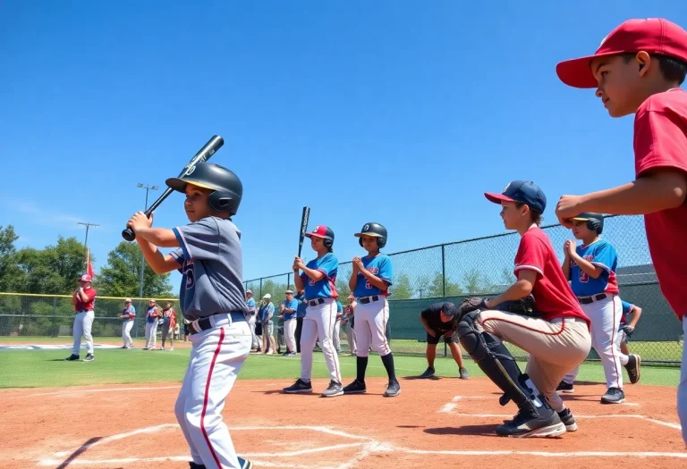 Young athletes participating in baseball training drills during a scout day event.