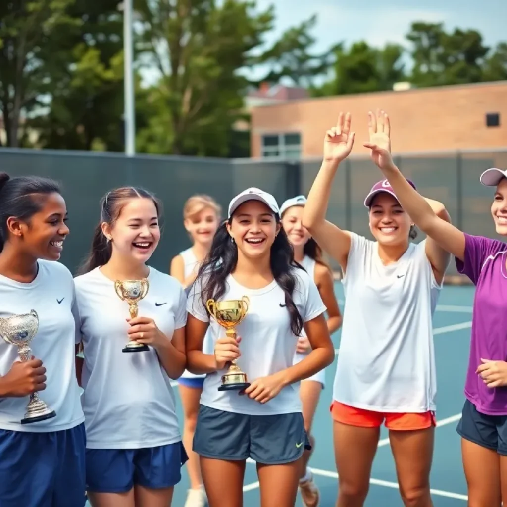High school tennis players celebrating their achievements at the 2025 Wyoming Championships.