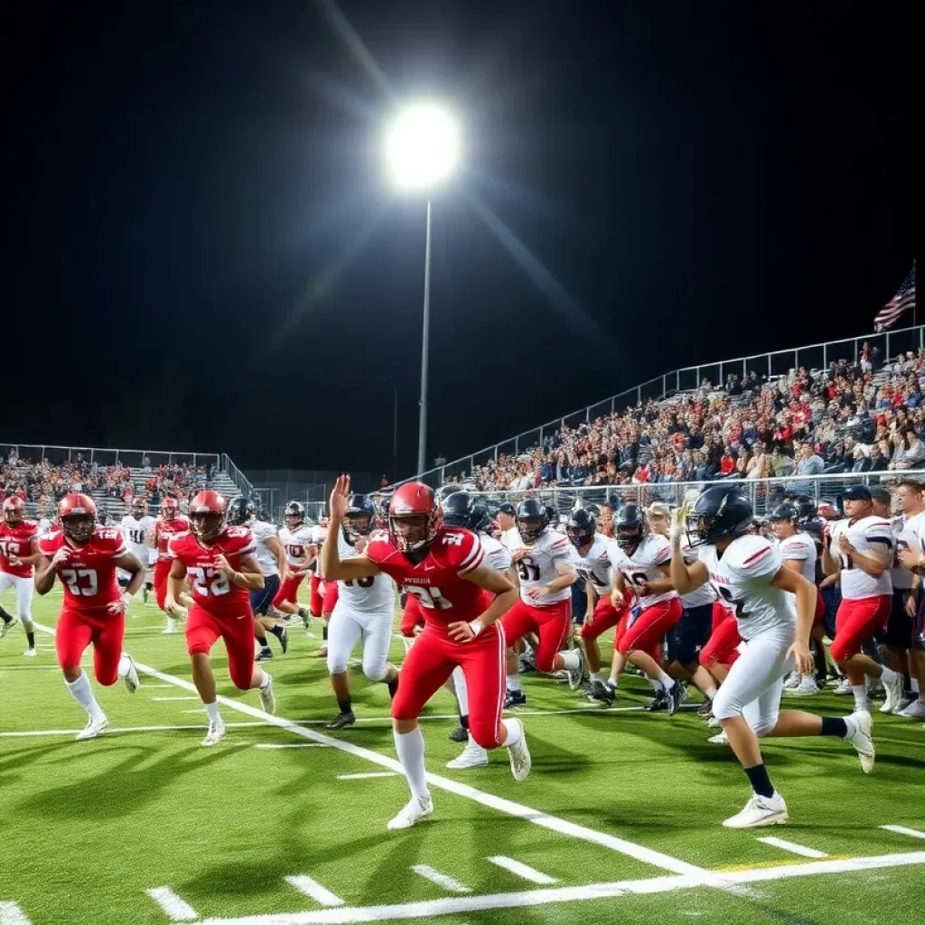 High school football players in action during a game