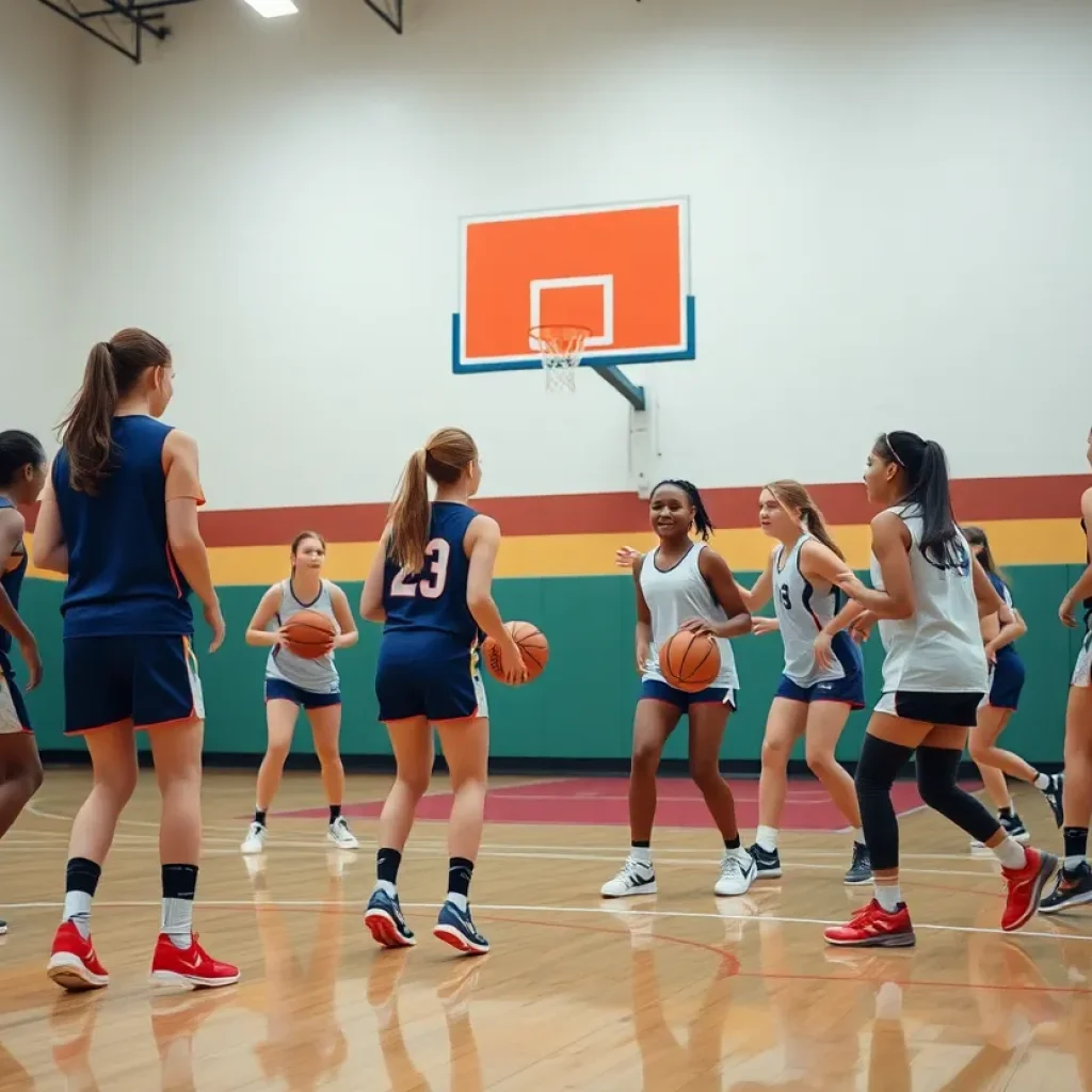 High school girls basketball team practicing on court