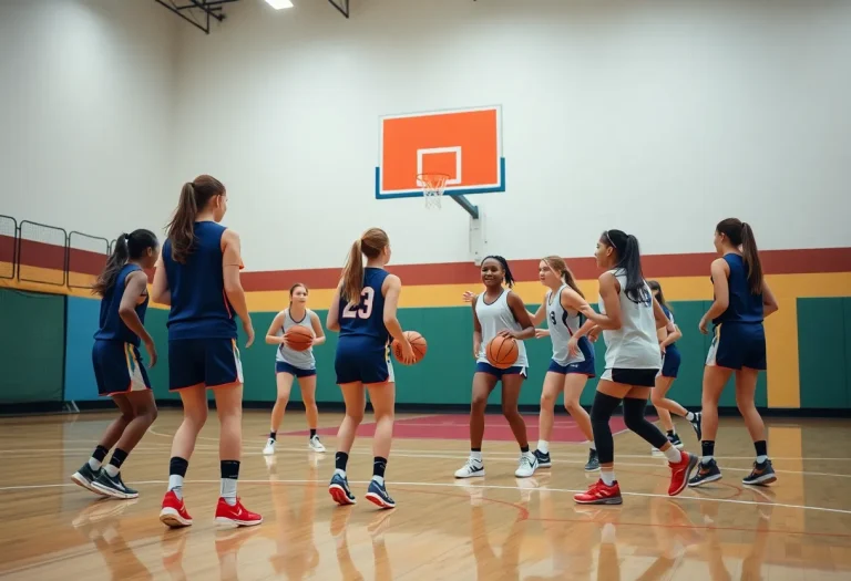 High school girls basketball team practicing on court