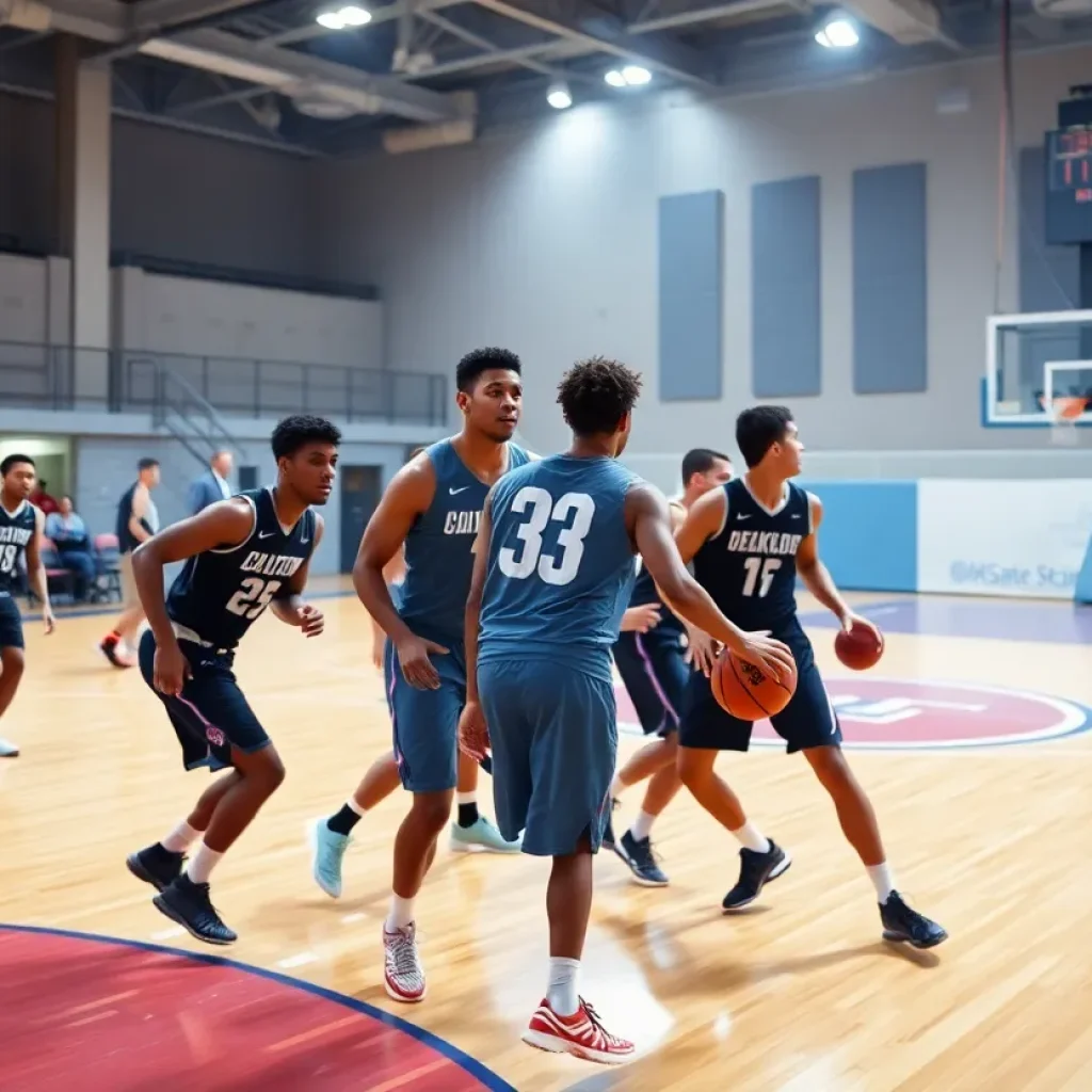 Players collaborating on a college basketball court during a game.