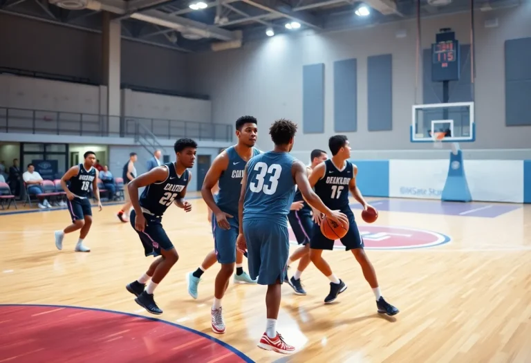 Players collaborating on a college basketball court during a game.