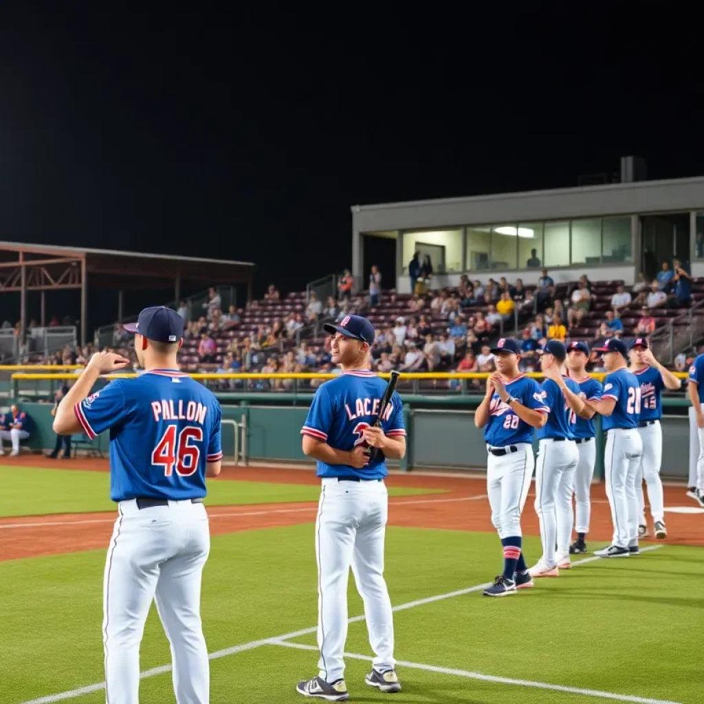 Local players of the Commodores baseball team warming up on the field