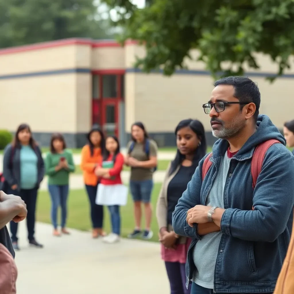 Community outside Cahokia High School discussing safety concerns