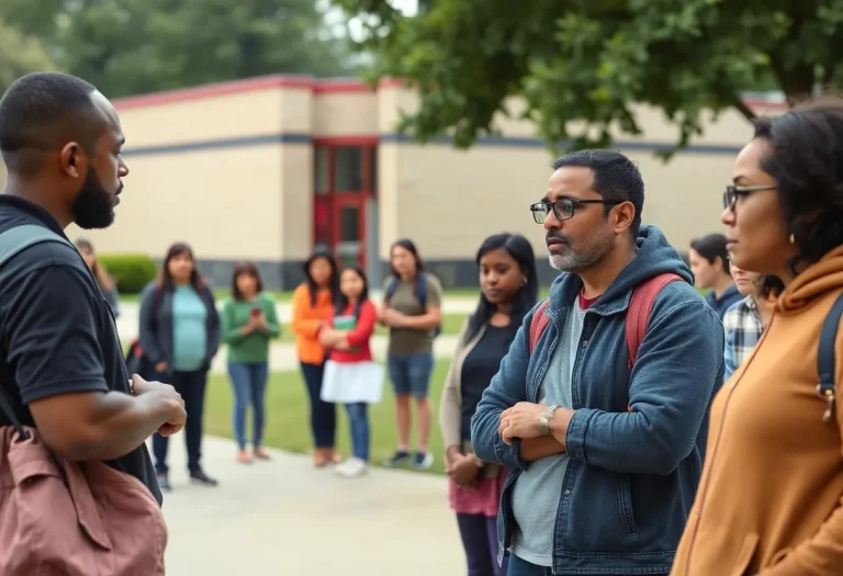 Community outside Cahokia High School discussing safety concerns