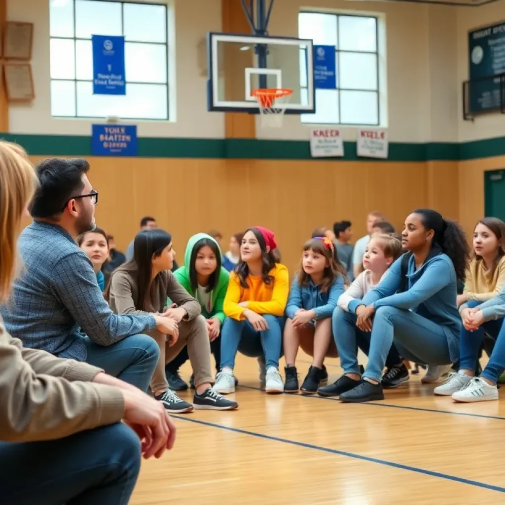 Community discussing safety in a school gym.