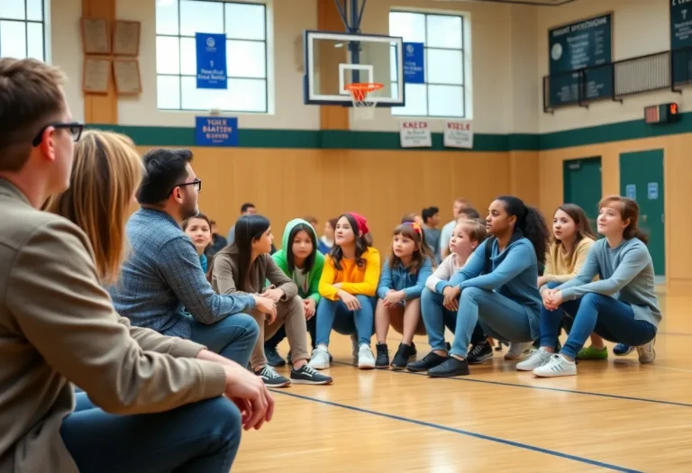 Community discussing safety in a school gym.