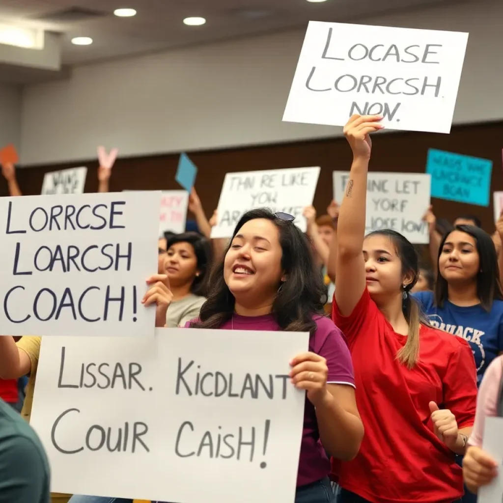 Supporters gather at a school board meeting for lacrosse coach