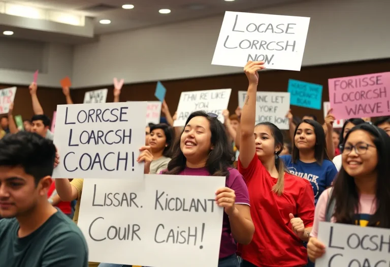 Supporters gather at a school board meeting for lacrosse coach