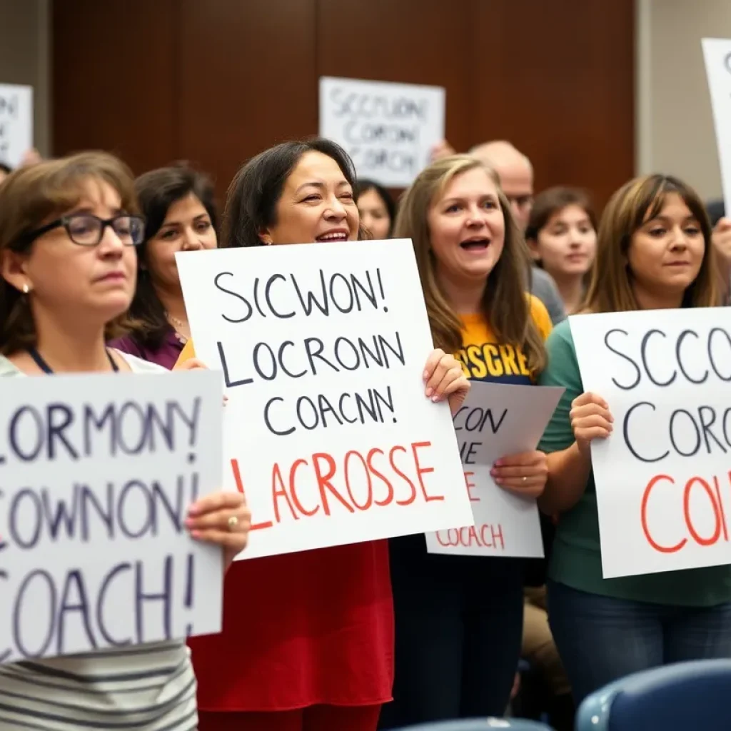 Community members rallying in support of a lacrosse coach at a school board meeting.
