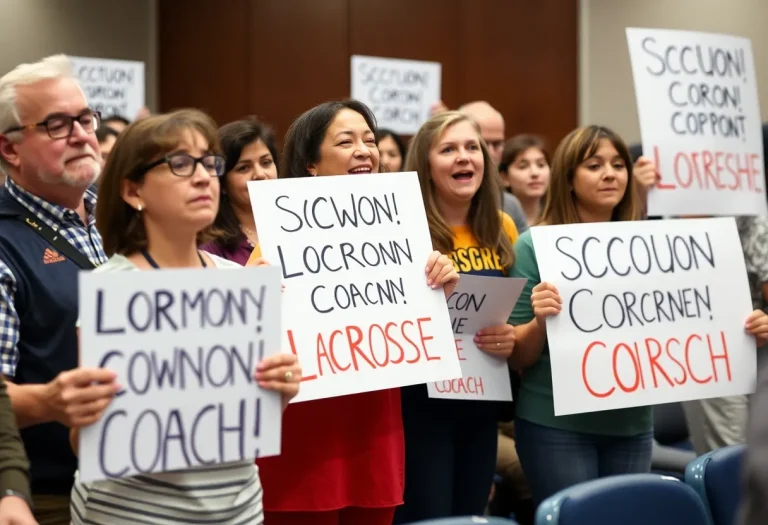 Community members rallying in support of a lacrosse coach at a school board meeting.