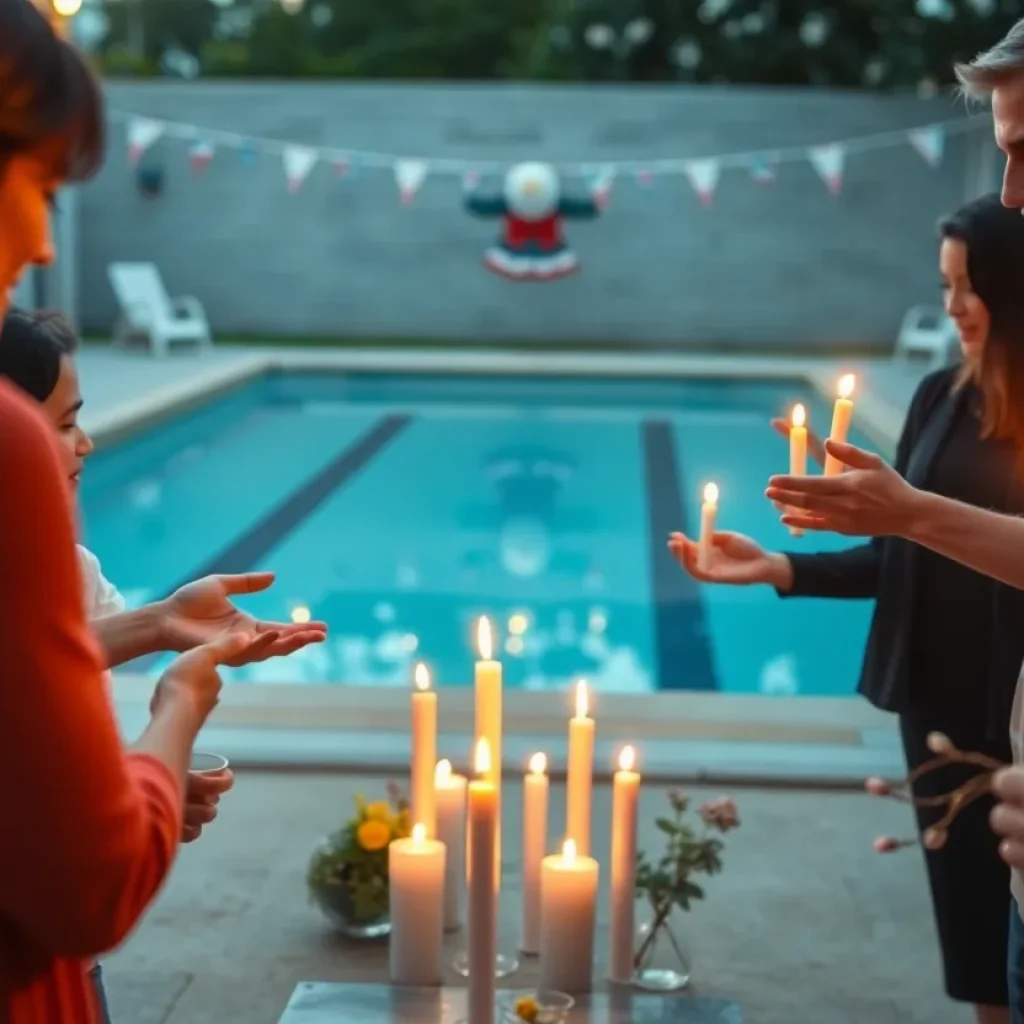 Community members supporting each other in memory of a young swimmer.