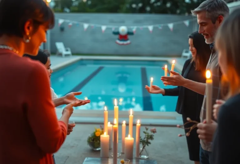 Community members supporting each other in memory of a young swimmer.