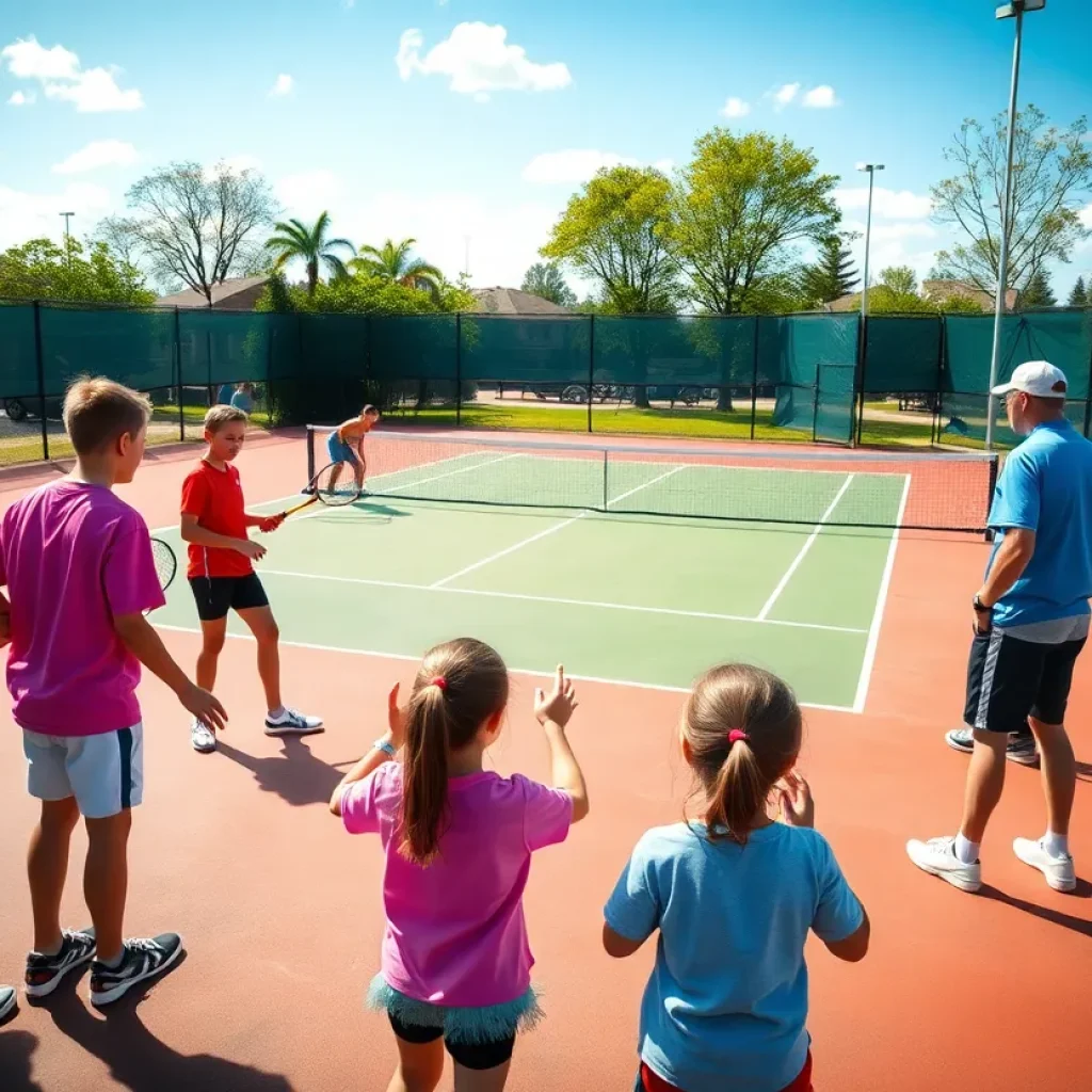 Young athletes practicing tennis under the guidance of a coach