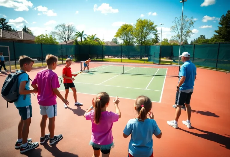 Young athletes practicing tennis under the guidance of a coach