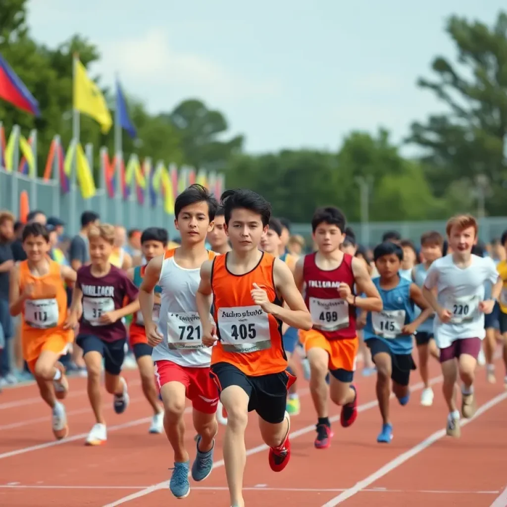 Runners competing in a track meet with spectators cheering in the background.
