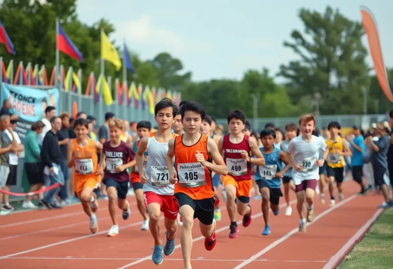 Runners competing in a track meet with spectators cheering in the background.