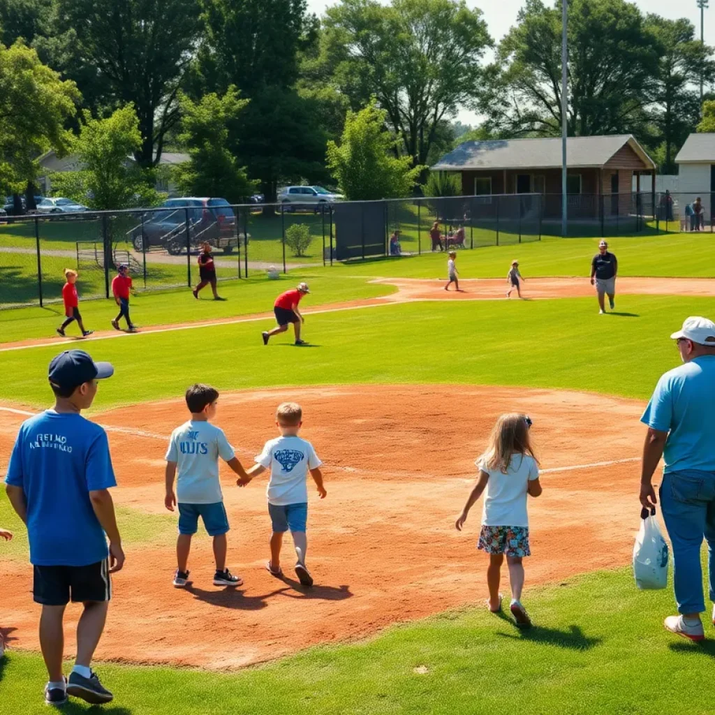 Children playing baseball at a community field, highlighting resilience and hope.