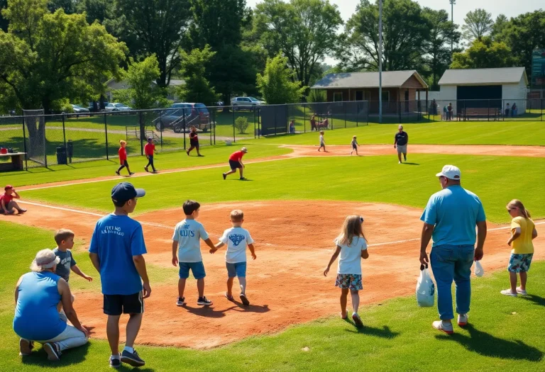 Children playing baseball at a community field, highlighting resilience and hope.