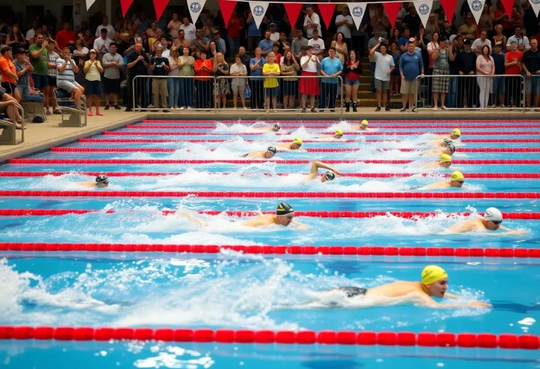 Swimmers competing in a high school swim meet