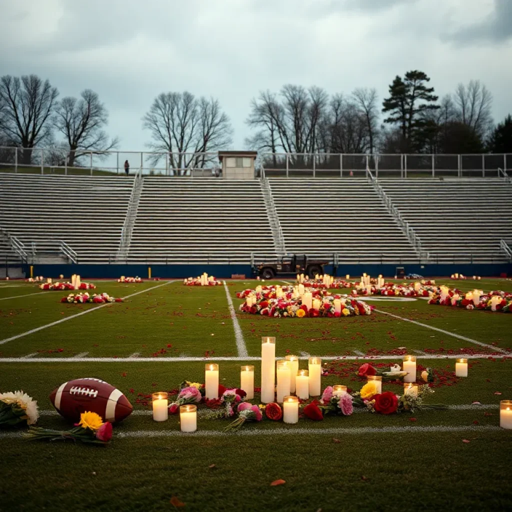Memorial setup at Corrigan football field
