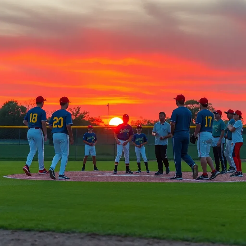 Youth baseball players on the field during sunset, capturing the spirit of teamwork.