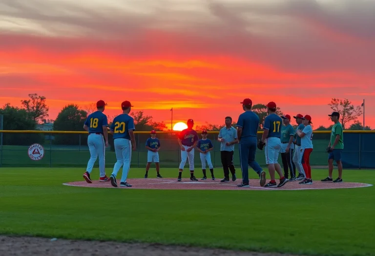 Youth baseball players on the field during sunset, capturing the spirit of teamwork.
