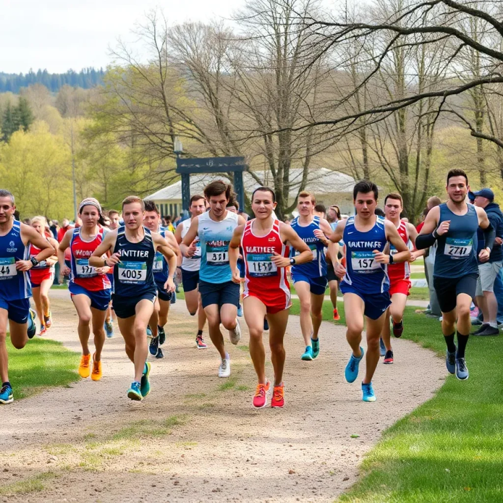 Cross country runners competing in a park during a regional championship