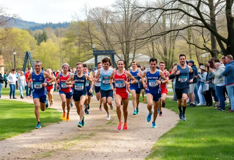 Cross country runners competing in a park during a regional championship
